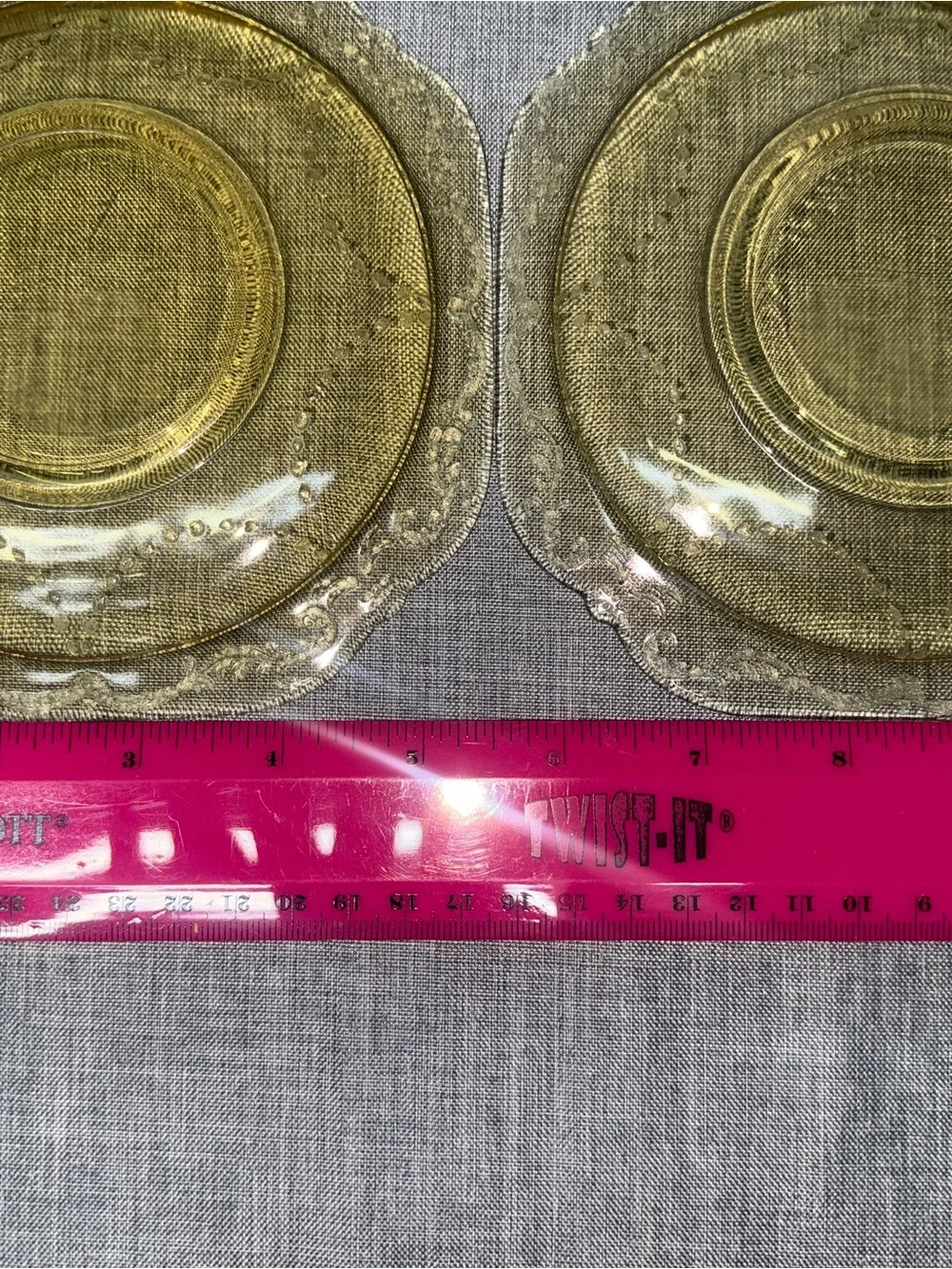 Set of 4 Vintage Amber Depression Glass Saucers Scroll Border Square